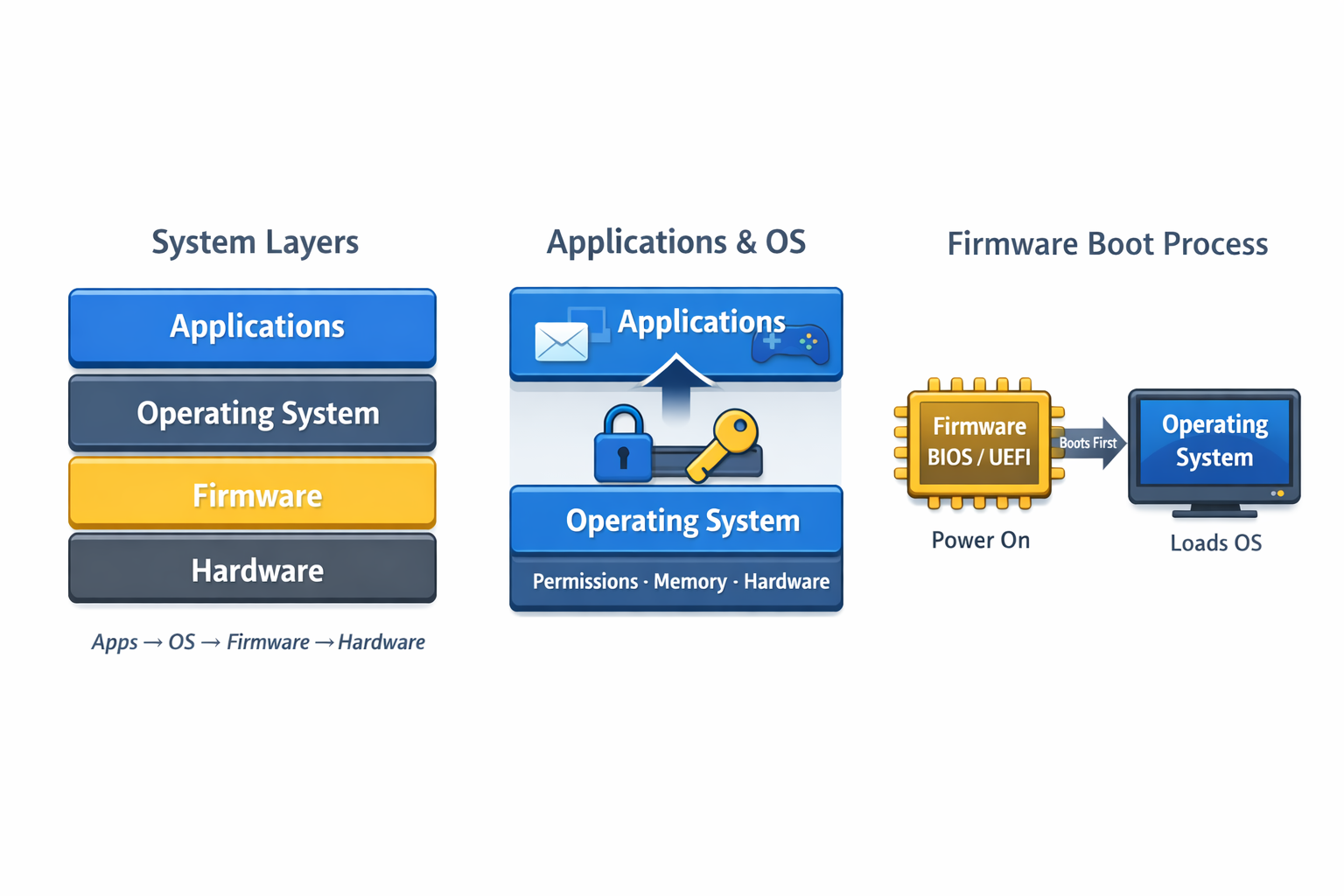 System layers diagram showing applications, operating system, firmware, and hardware