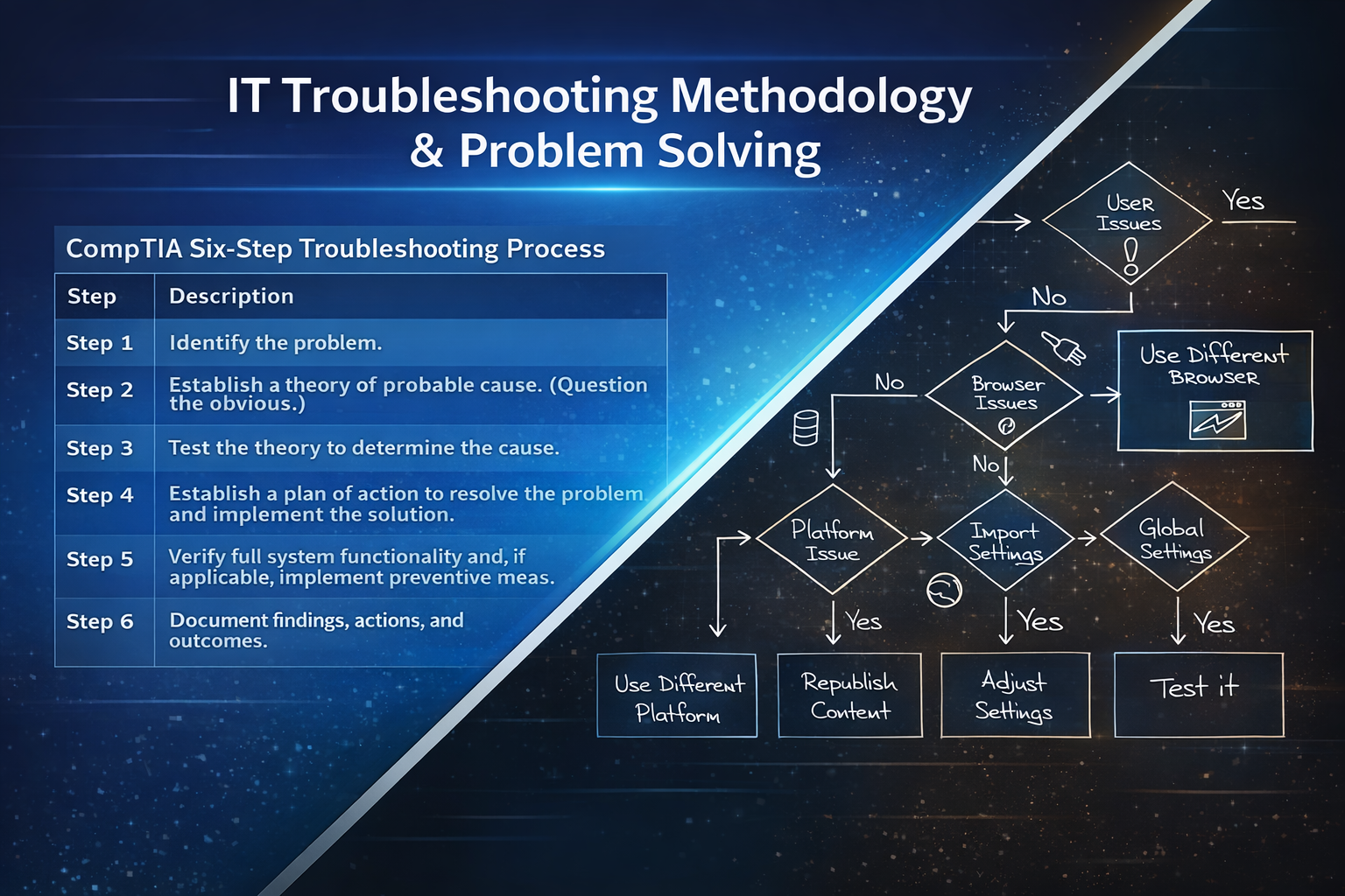 Troubleshooting & Problem Solving graphic (CompTIA steps + flowchart)