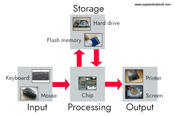 Diagram showing Input → Process → Output for how a computer works